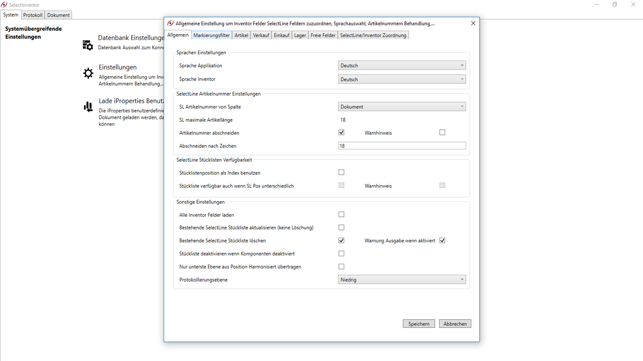 Selectinventor Einstellungen