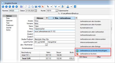 SelectLine Speichern der Lieferadresse in der Belegerfassung