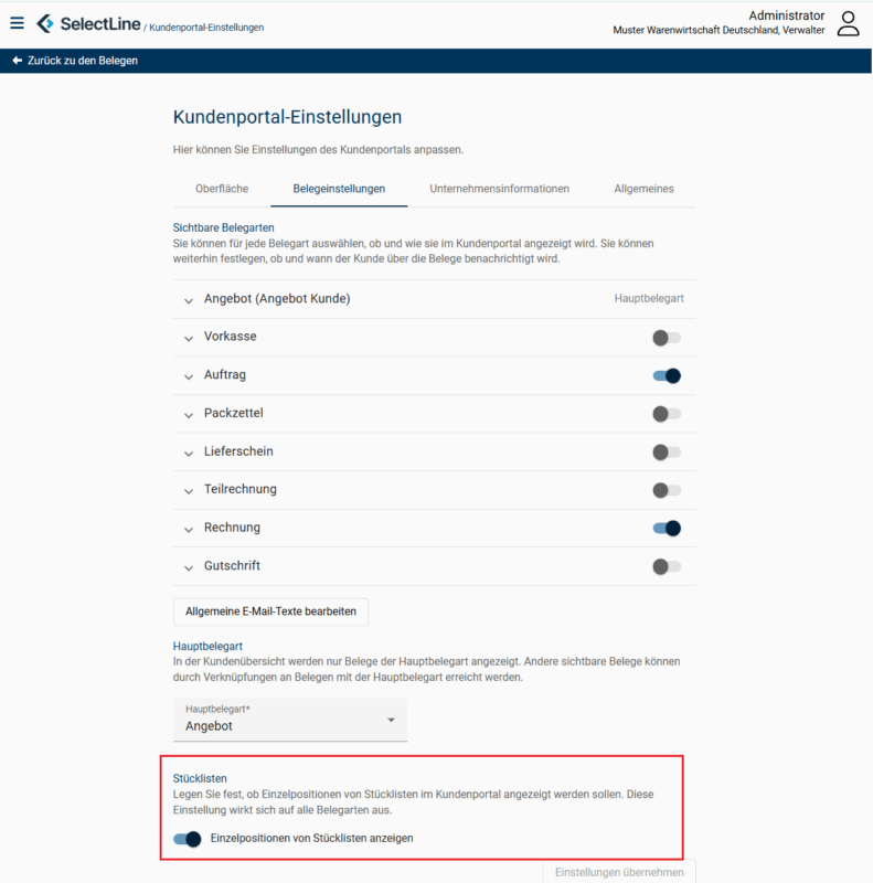 SelectLine Kundenportal Einstellungen